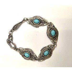 Faux Turquoise Bracelet 6.75" Silver Tone
